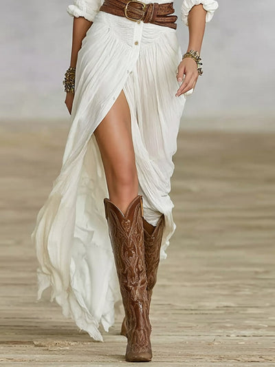 Karolína – Hosszú, övvel és plissé mandzsettával ellátott pamut és vászon ruha