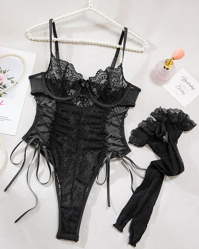 Christina™ | Virágmintás átlátszó csipkés body oldalsó masnival