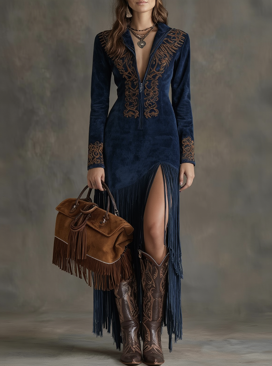 Valentina | Hosszú, western stílusú ruha félig cipzárral, hímzéssel és rojtokkal